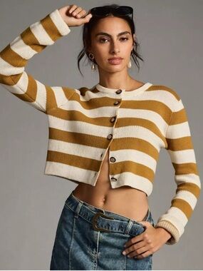 ANTHROPOLOGIE Bishop + Young Villeroy Striped Cardigan Sweater Tan Cream Size S